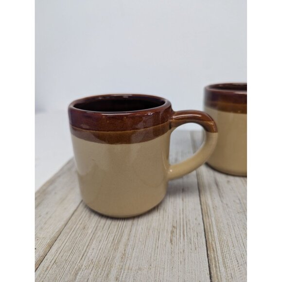 Vintage Mid Century Modern 2-Tone Drip Glaze Pottery Coffee Mugs Set of 3 - Picture 4 of 8
